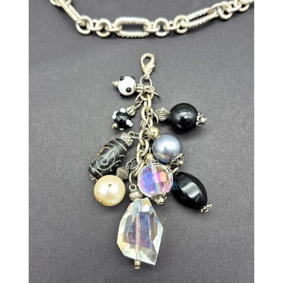 Silver Tone Toggle Necklace Textured Link Multi Beaded Pendant Dangle Tassel 20" - Picture 9 of 10